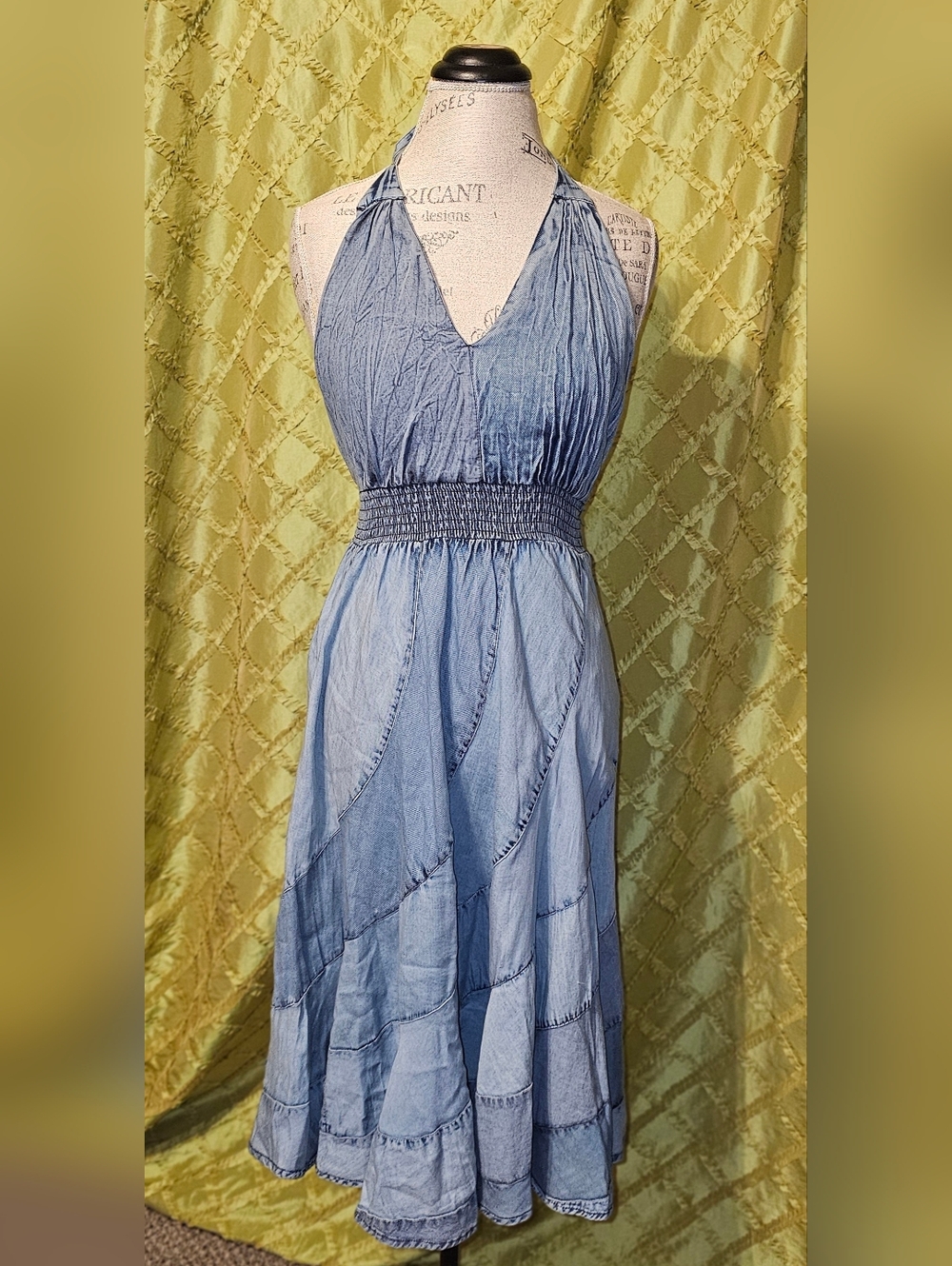 Smocked Halter Denim-Effect Midi Dress in Blue